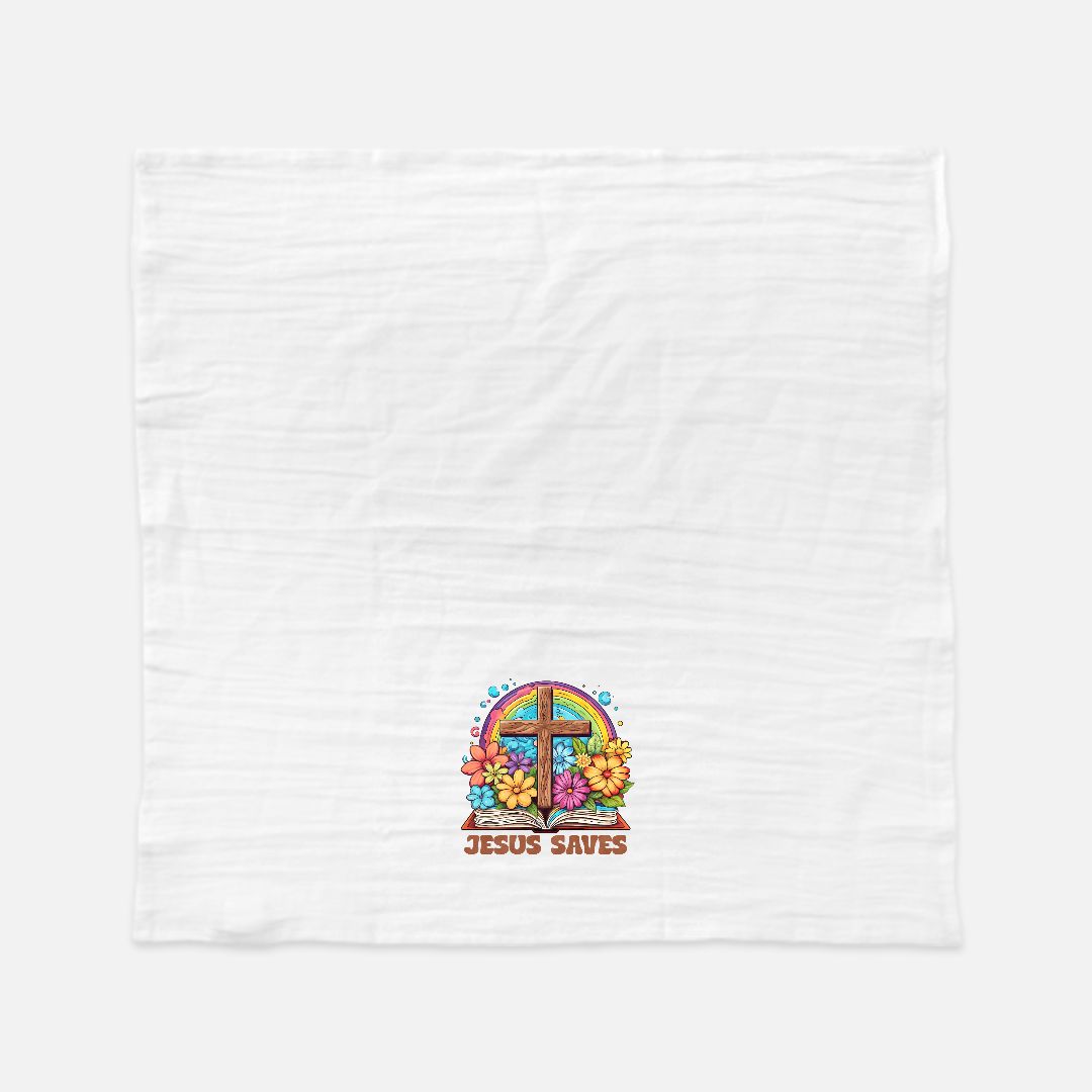White tea towel with a colorful design and 'Jesus Saves' text on a white background