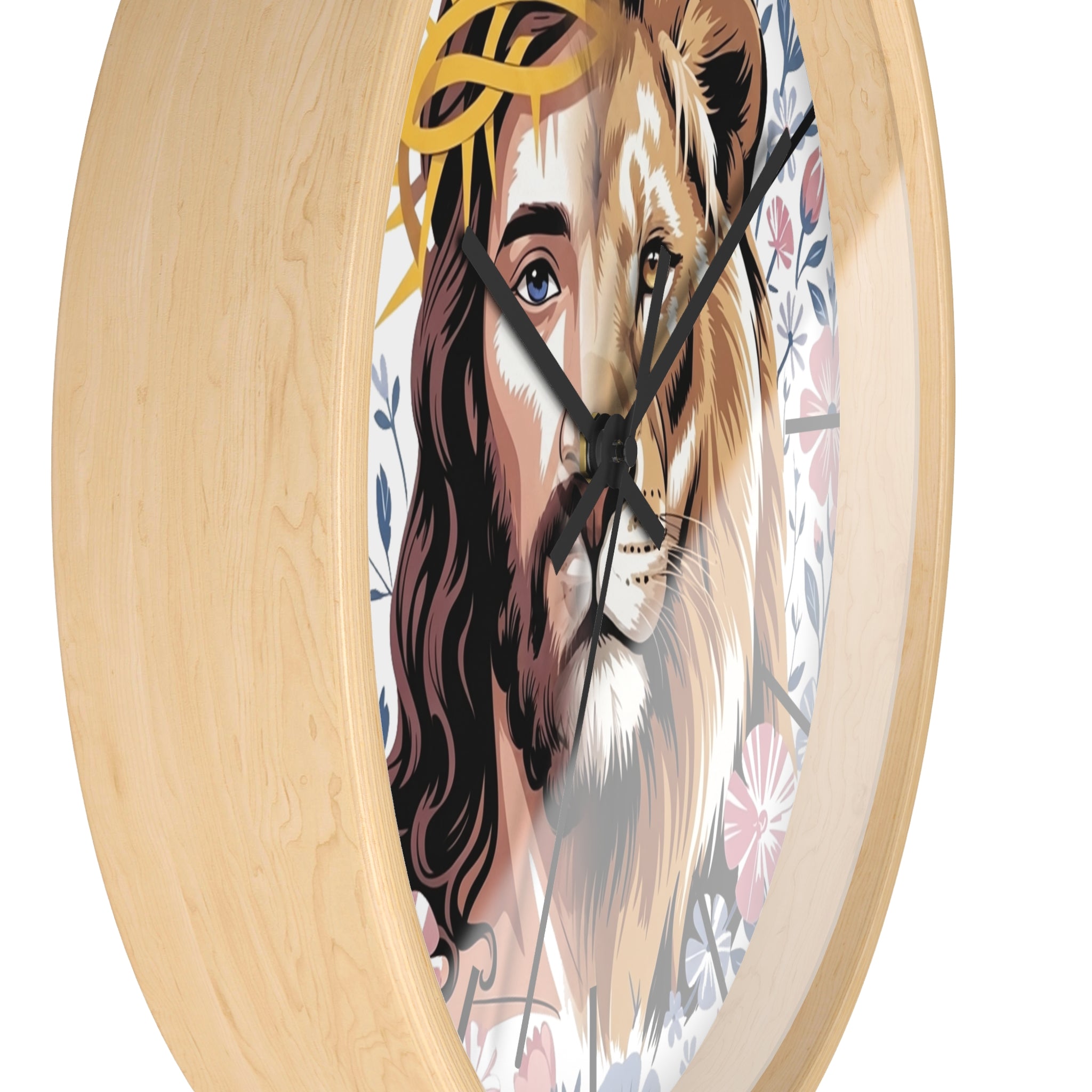 Round wood wall clock with a Jesus and lion design on a floral background