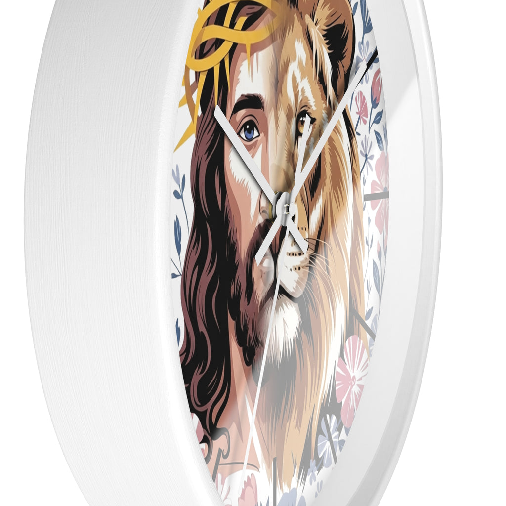 Side view of a round white wall clock with a Jesus and lion design on a white background