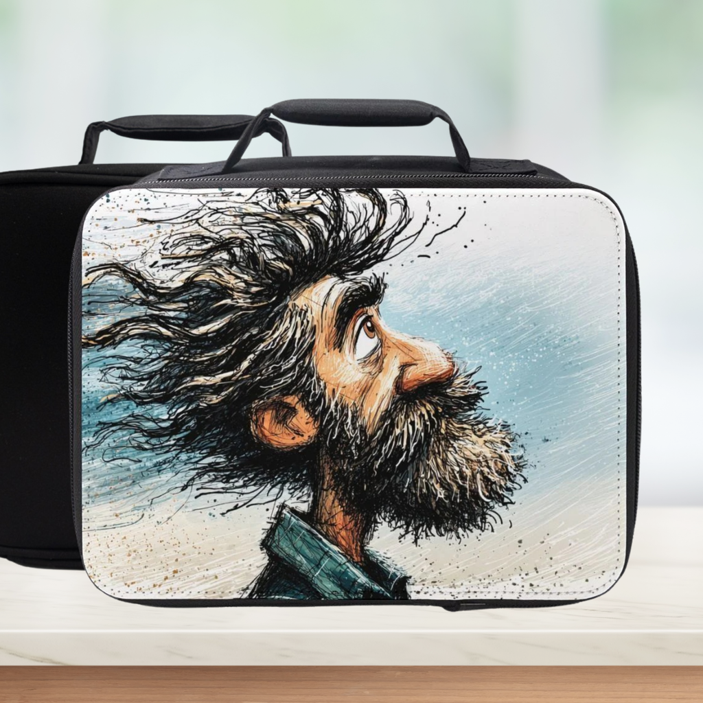 Black lunch bag with a stylized illustration of a man with a beard on a white background