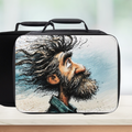 Black lunch bag with a stylized illustration of a man with a beard on a white background