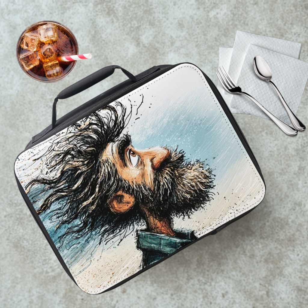 Lunch bag with a graphic design of a person with long hair and beard on a cafeteria table with a drink and utensils.