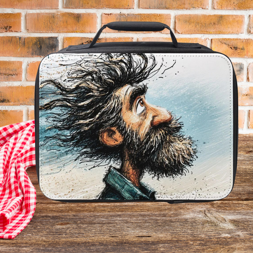Lunch bag with a graphic of a bearded man's face on picnic table against a brick wall background