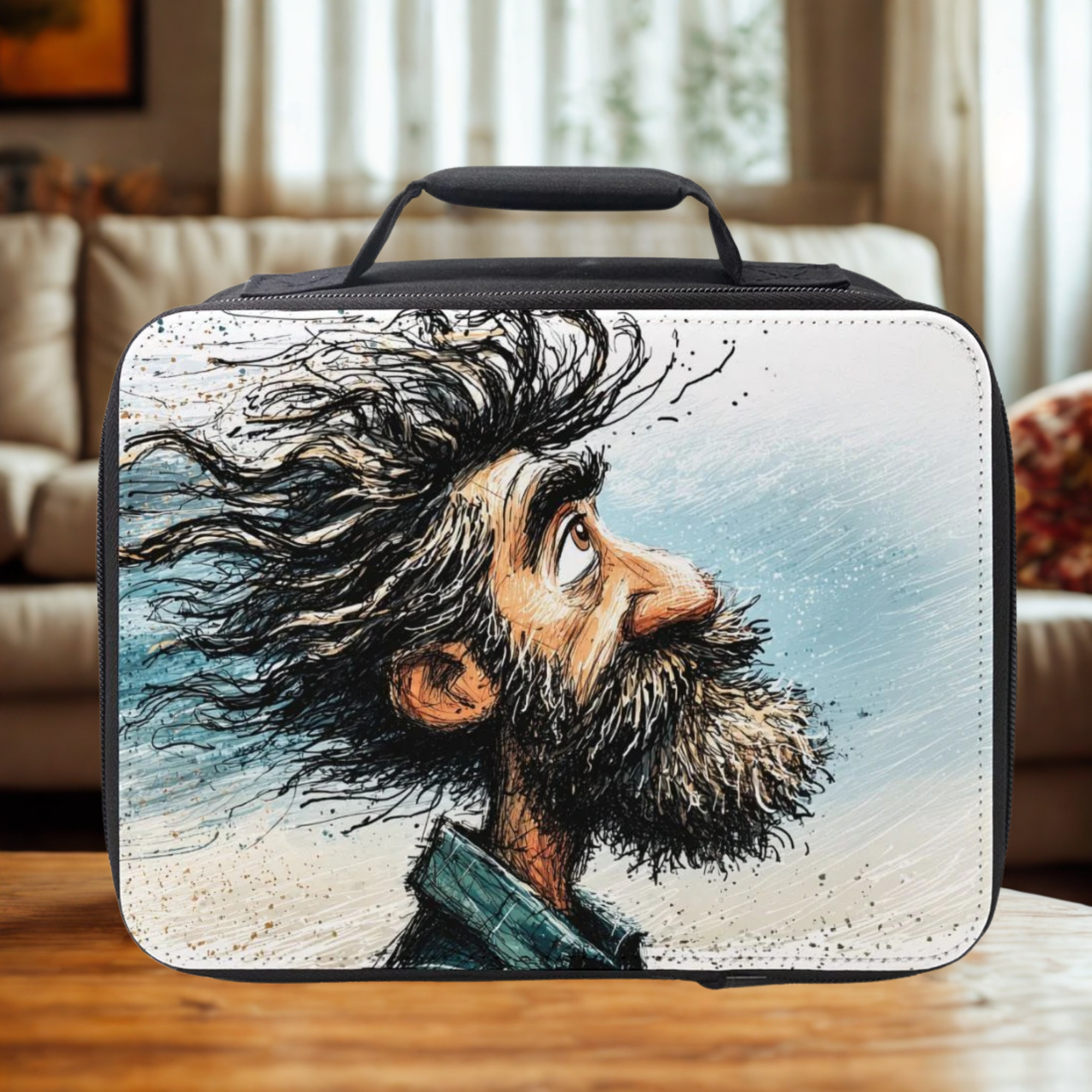 Rectangular lunch bag with a stylized portrait of a man with a beard on a wooden living room table.