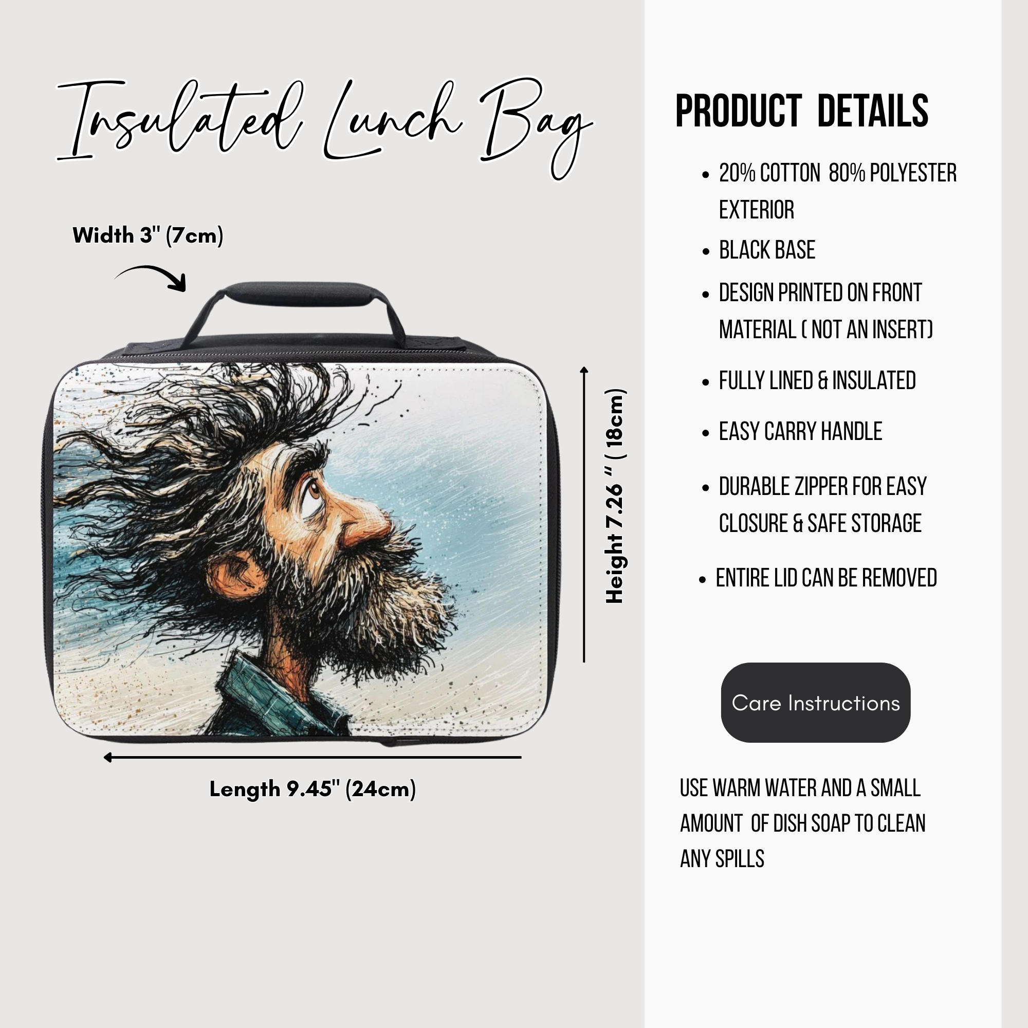 Insulated lunch bag with a design of a man with a beard, featuring product details on a white background.