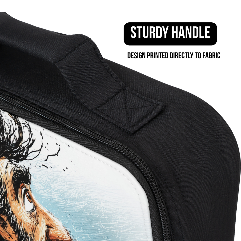 Black bag with a design printed directly to fabric and a sturdy handle.
