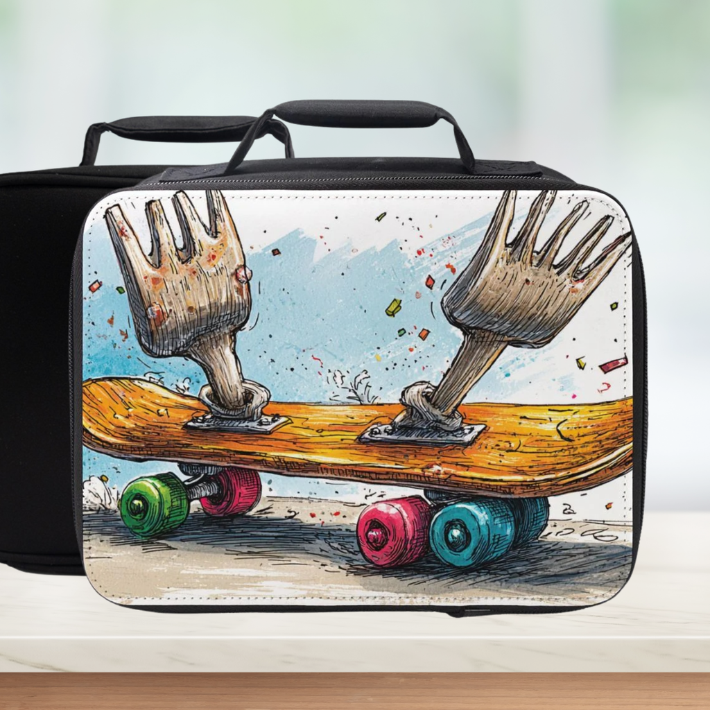 Black lunch bag with a colorful design of forks on a skateboard