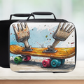 Black lunch bag with a colorful design of forks on a skateboard