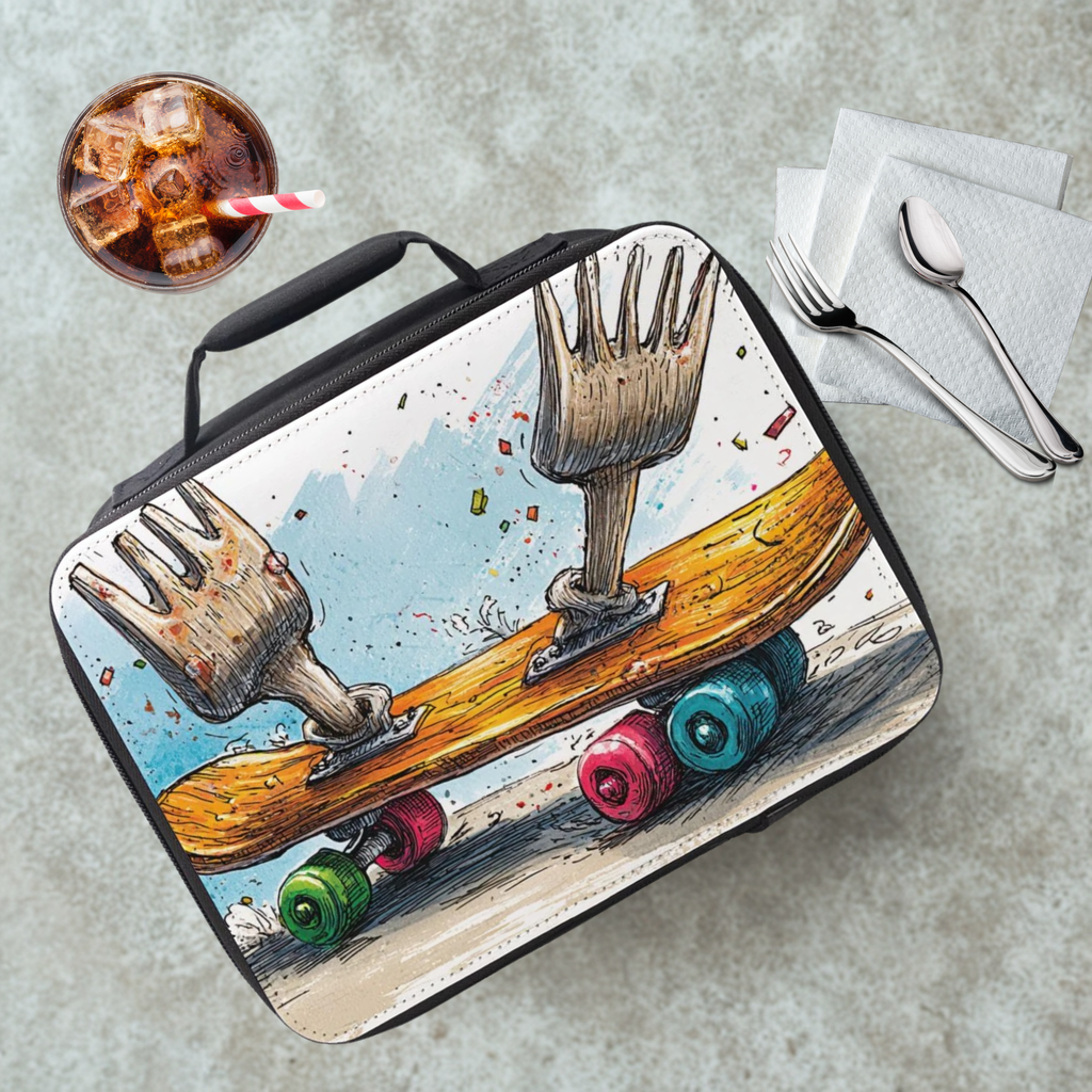 Lunch bag with a design of forks on a skateboard, placed on a cafeteria table with a drink and utensils.