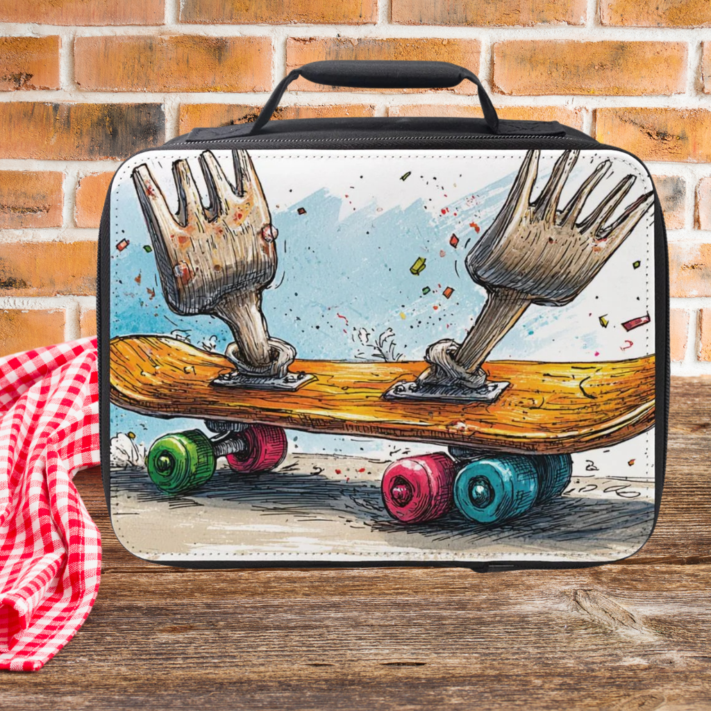 Lunch bag with a design of two forks on a skateboard against a brick wall.
