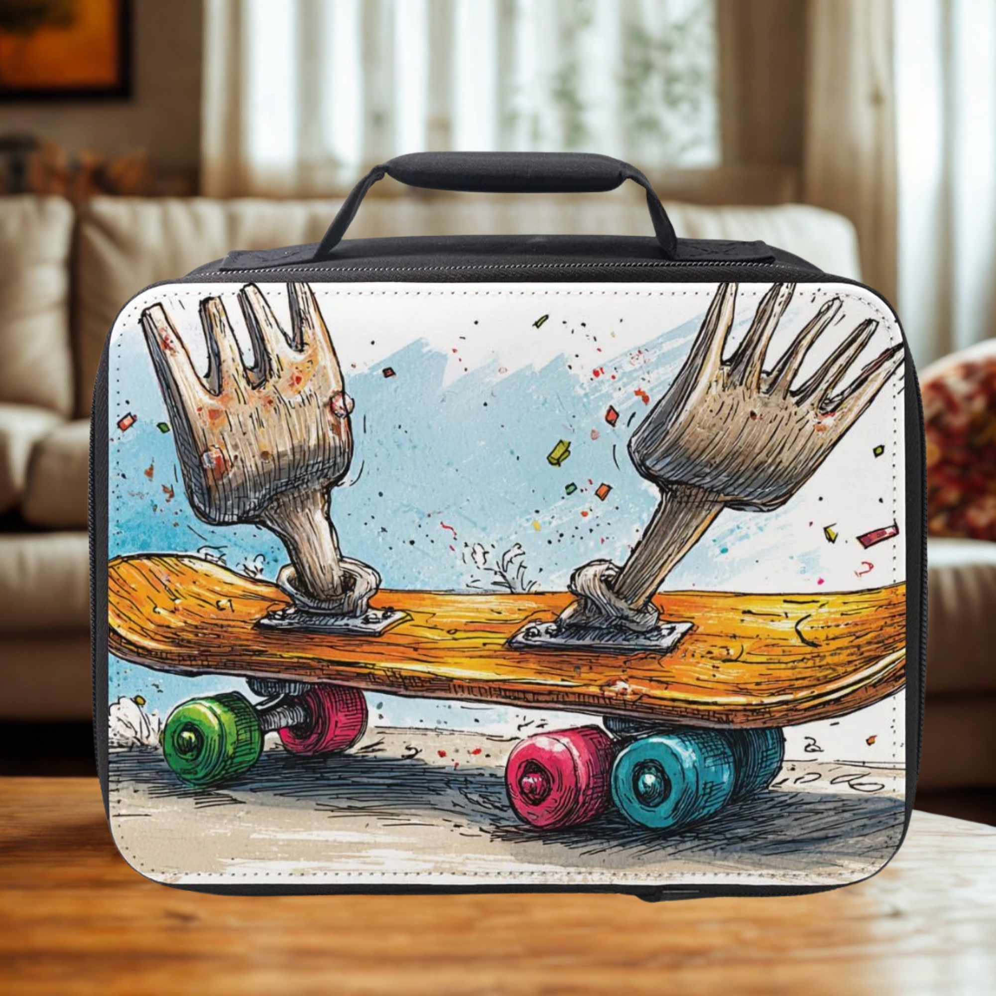  insulated lunch bag with artistic design of forks on a skateboard sitting on a wooden living room table.