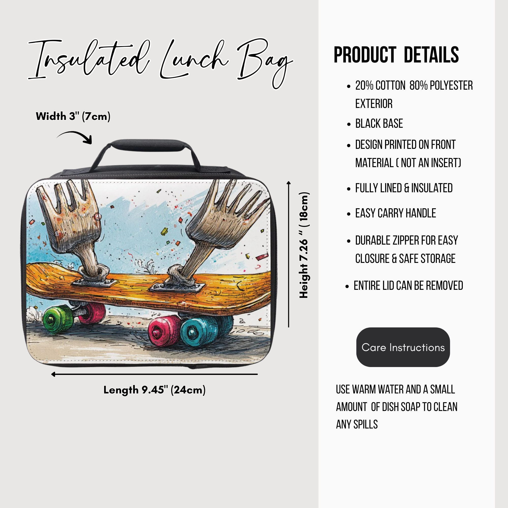 Insulated lunch bag with artistic design of forks on a skateboard, featuring dimensions and product details.