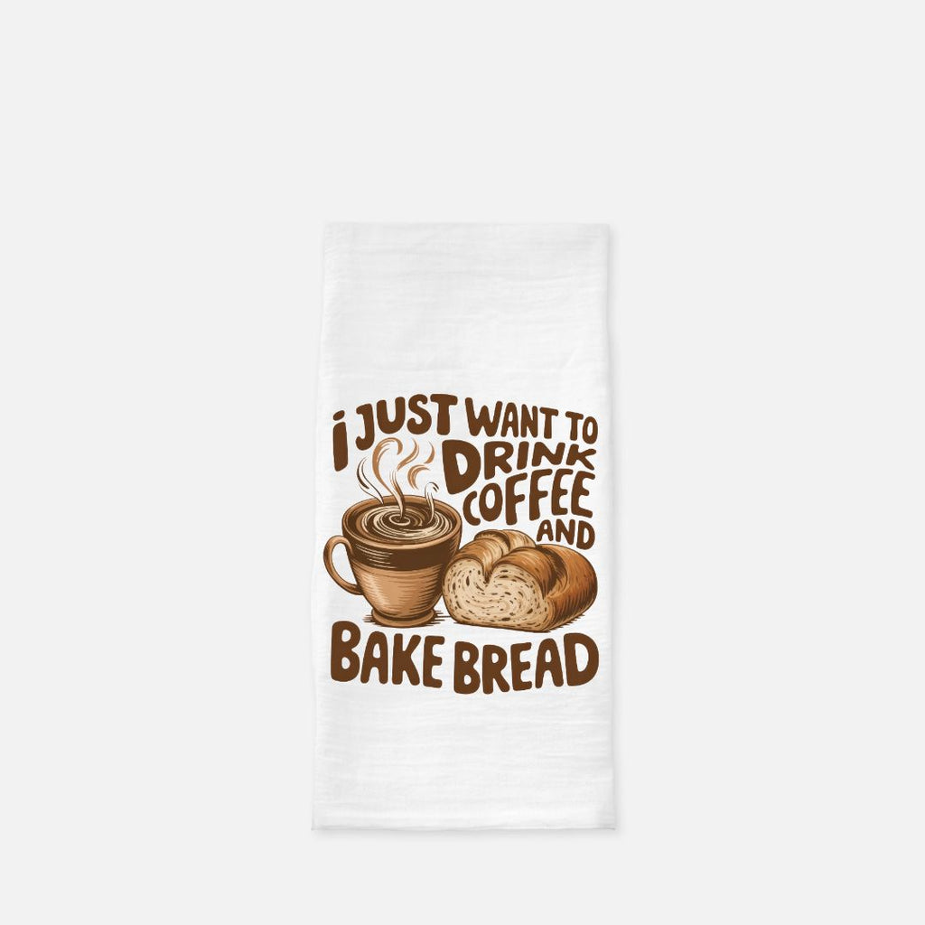 White towel with brown text and graphics of a coffee cup and bread on a white background