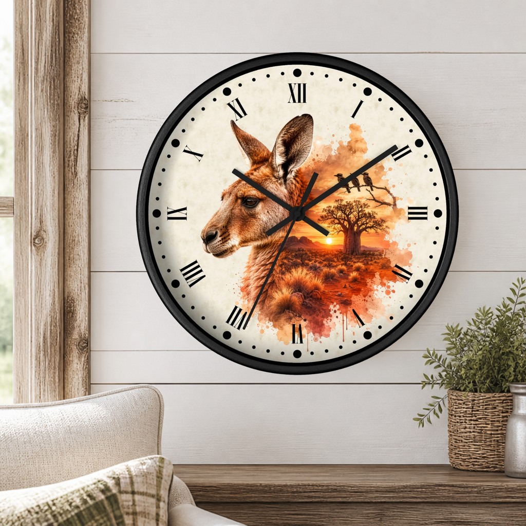 A round wall clock with a black frame and Roman numerals, featuring a kangaroo illustration over an orange sunset landscape on the face. The clock is mounted on a white wood-paneled wall above a wooden table with a potted plant, with part of a sofa visible in the lower left.