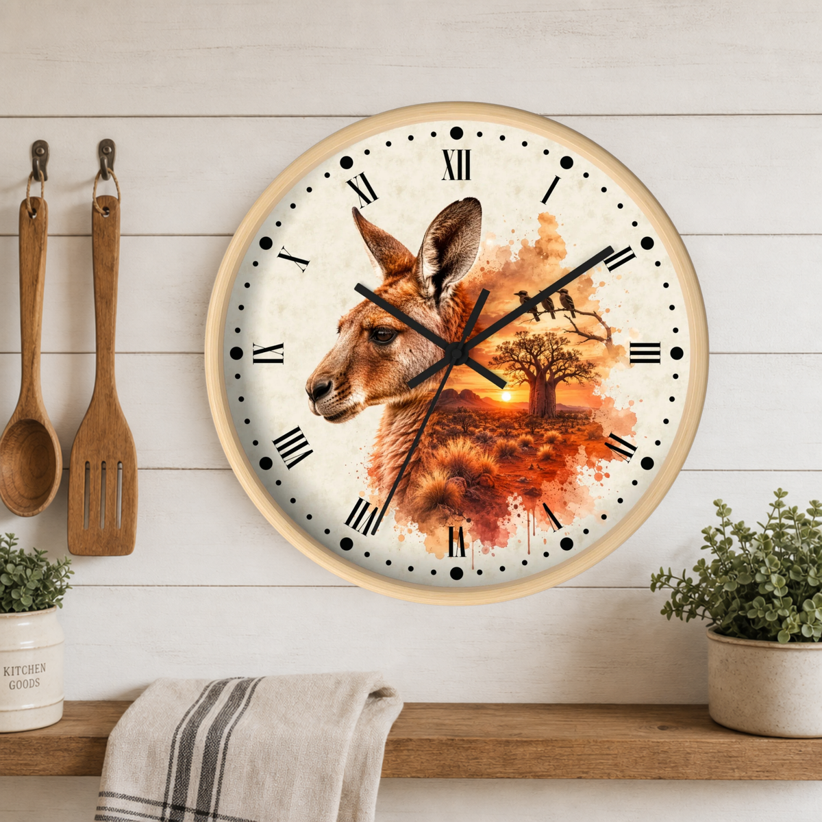 A round wall clock with a light wood frame hangs on a white wood-paneled kitchen wall above a wooden shelf. The clock face features a detailed illustration of a kangaroo head over an orange and brown autumn landscape with a sunset.
