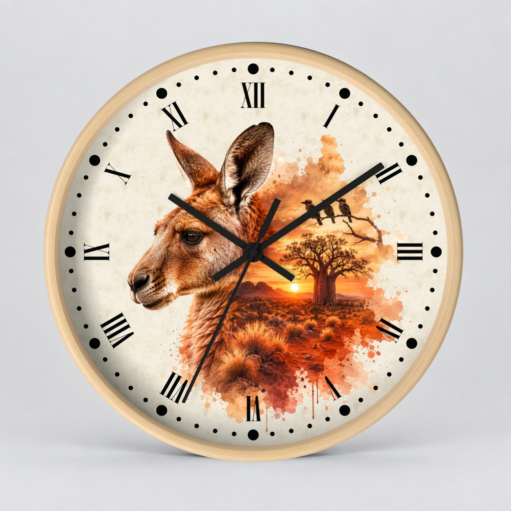 A round wall clock with a light wood frame and a printed dial featuring a kangaroo profile, a sunset landscape with a tree, and black Roman numerals and hands on a light gray background.