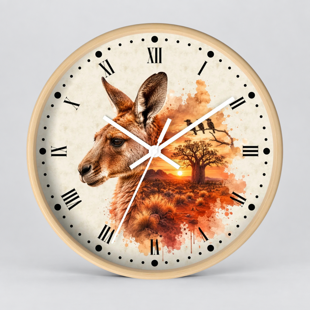 Round wall clock with a light wood frame and a printed dial featuring a kangaroo head, a tree, birds, and an orange sunset scene on a cream background with black Roman numerals.