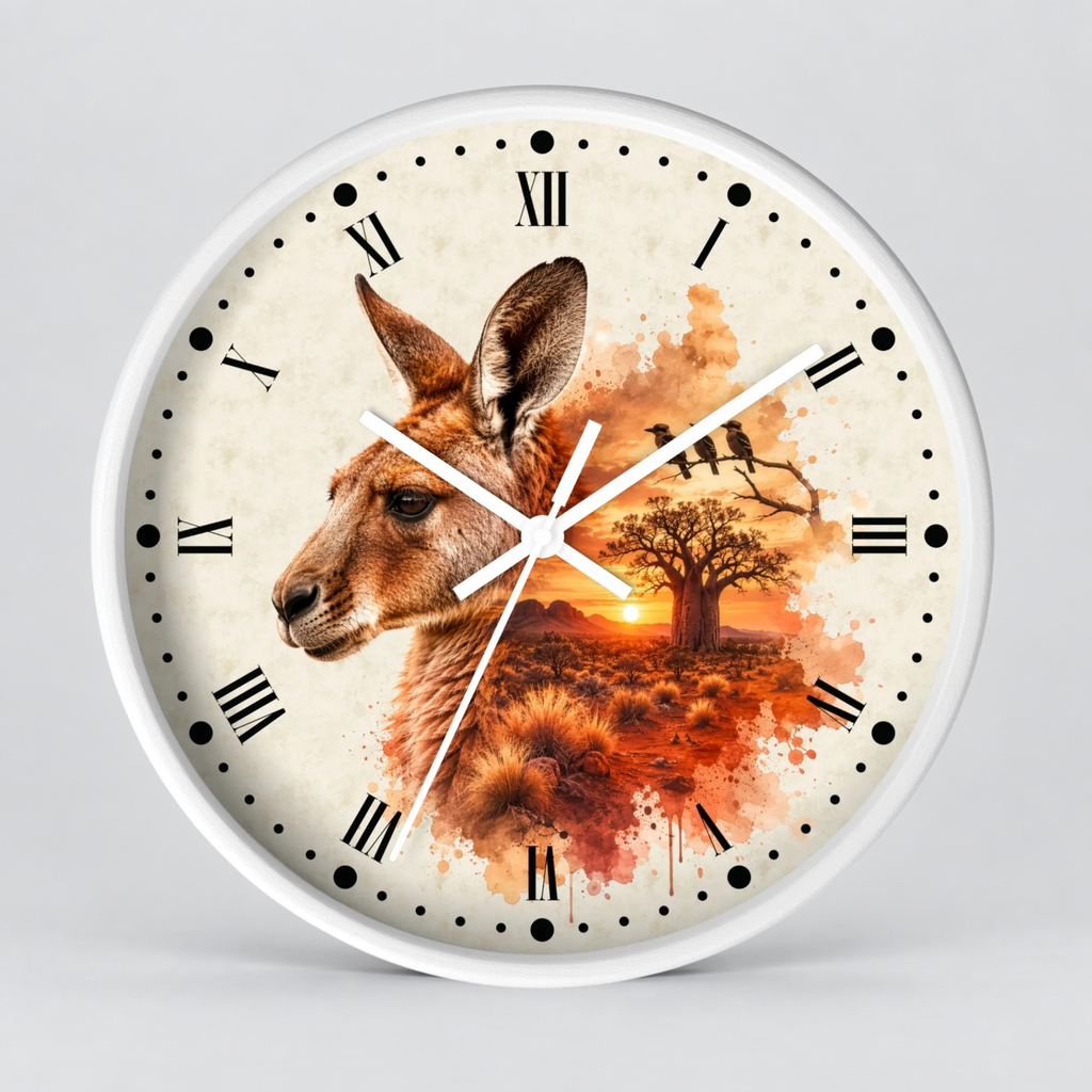 A round wall clock with a white frame and a printed dial featuring a kangaroo profile, a tree, birds, and an orange sunset over a field. The clock has black Roman numerals and black dot hour markers with white hands, shown against a light gray background.