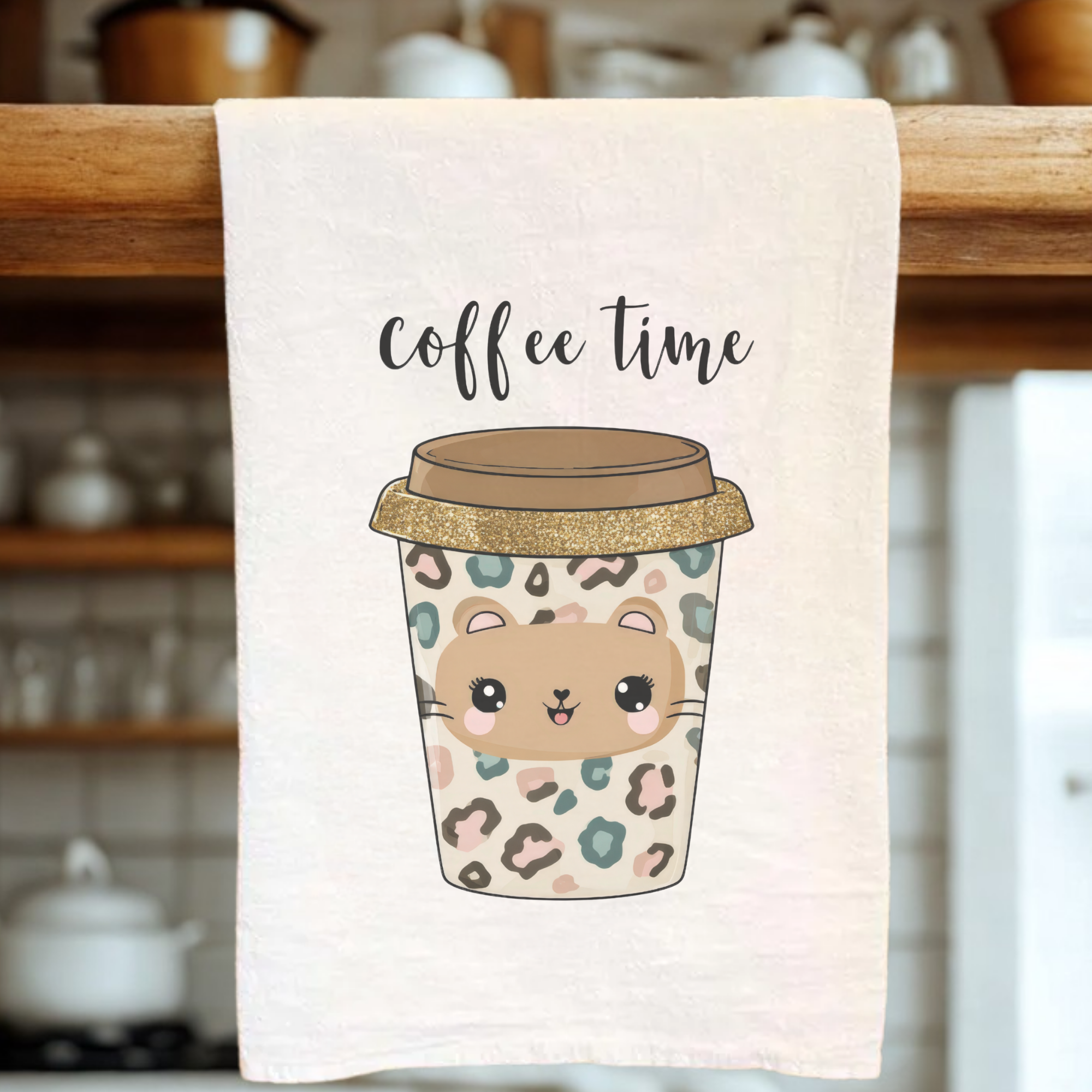 Kawaii Cat Coffee Time Extra Large Tea Towel (Flour Sack)
