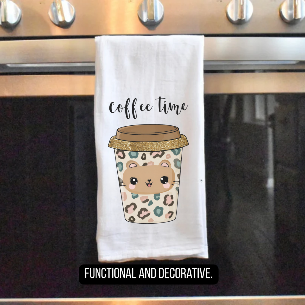 Kawaii Cat Coffee Time Extra Large Tea Towel (Flour Sack)