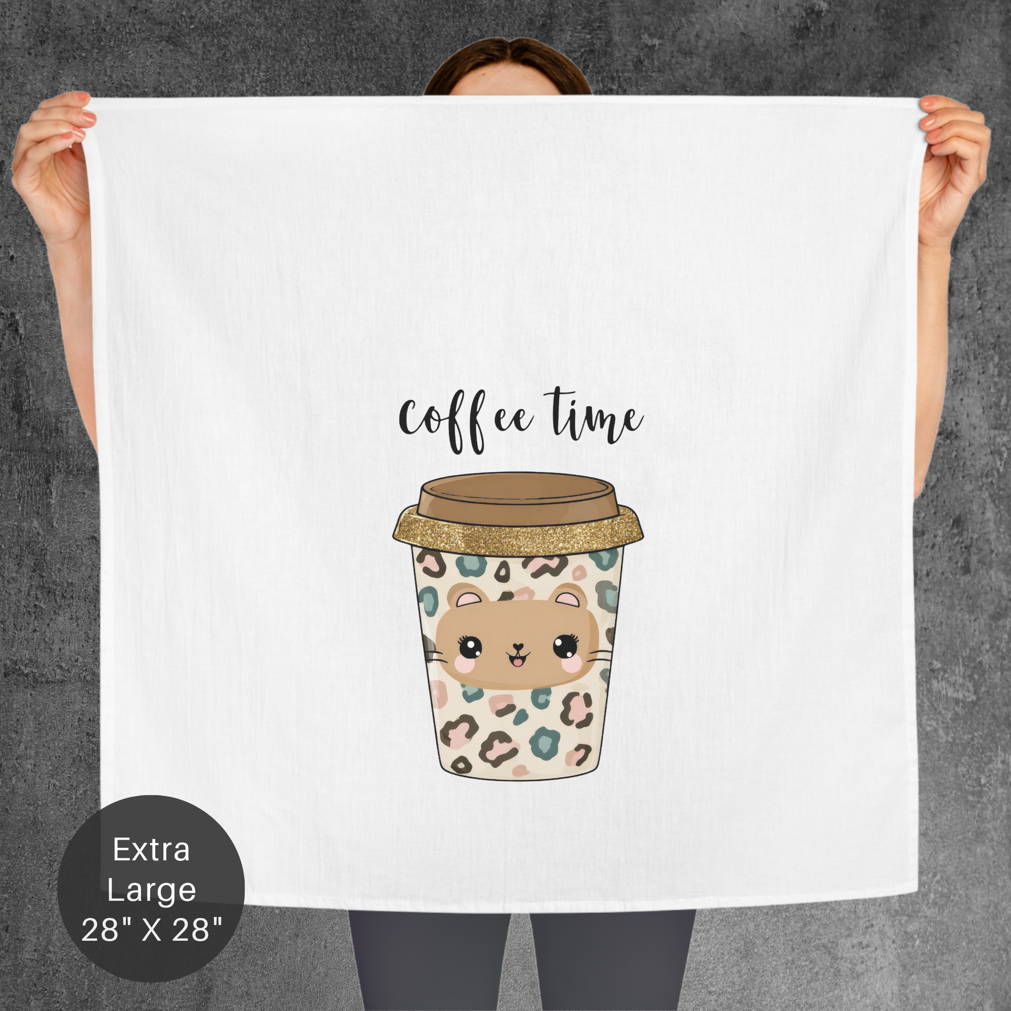 Kawaii Cat Coffee Time Extra Large Tea Towel (Flour Sack)