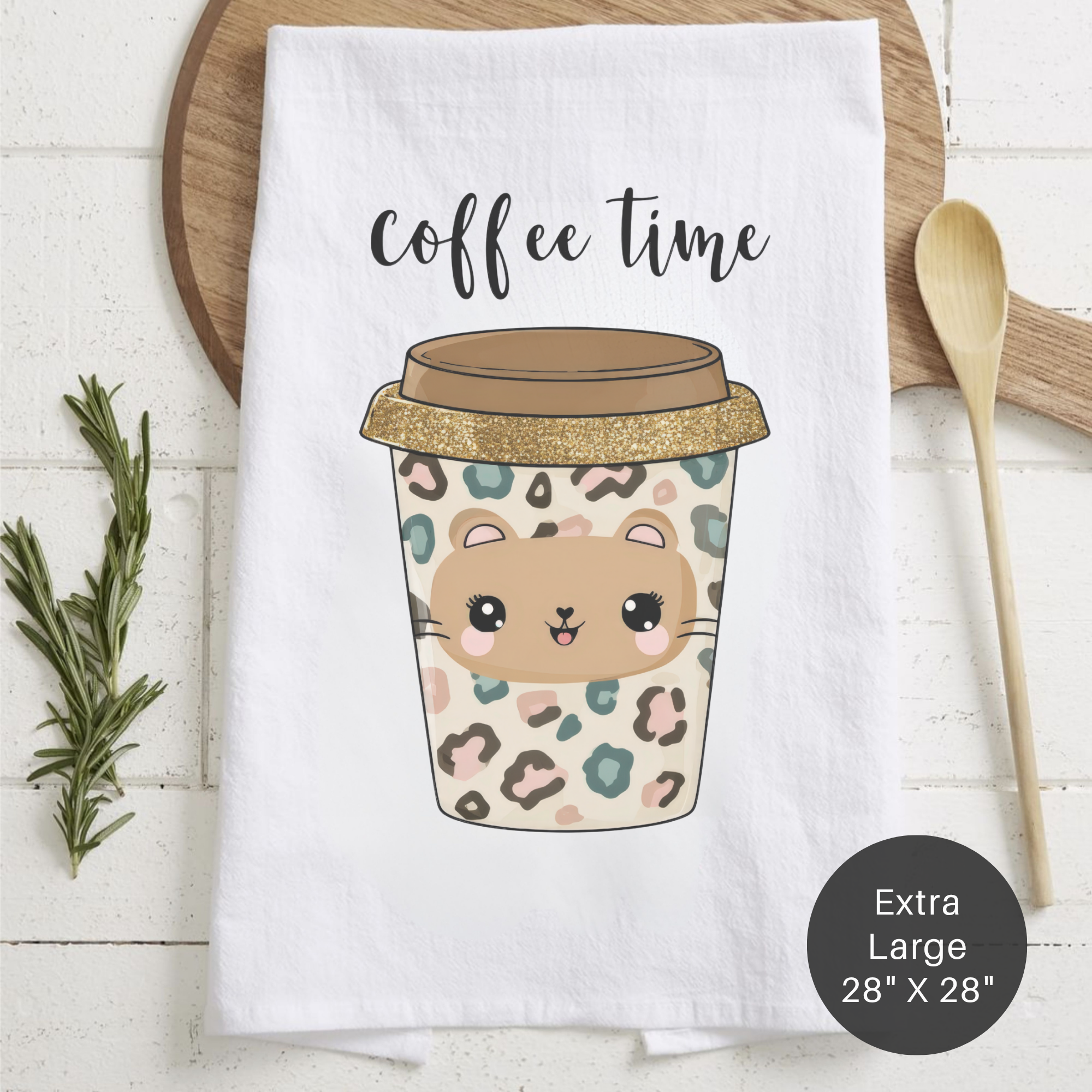 Kawaii Cat Coffee Time Extra Large Tea Towel (Flour Sack)