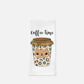 Tea towel with a cartoon coffee cup design and 'coffee time' text on a white background