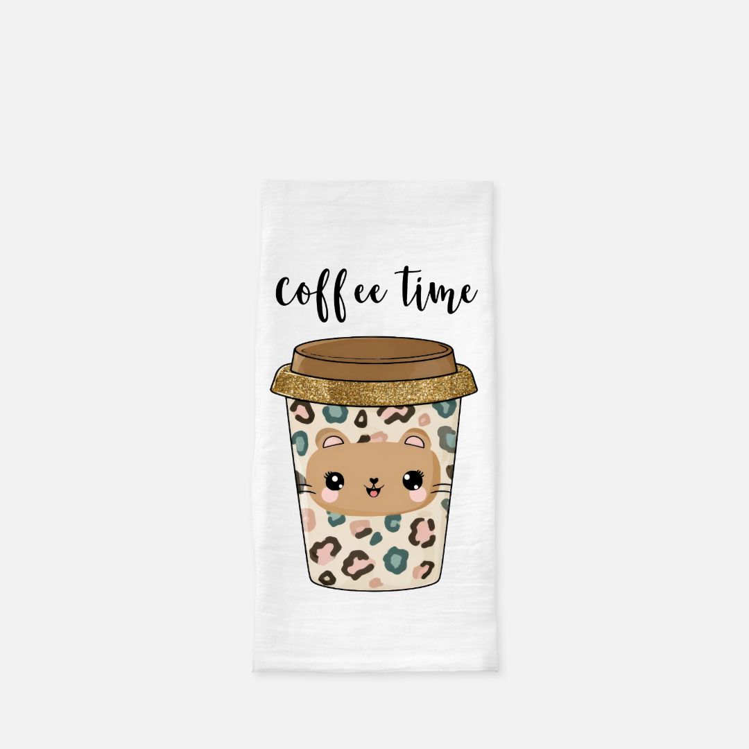 Tea towel with a cartoon coffee cup design and 'coffee time' text on a white background