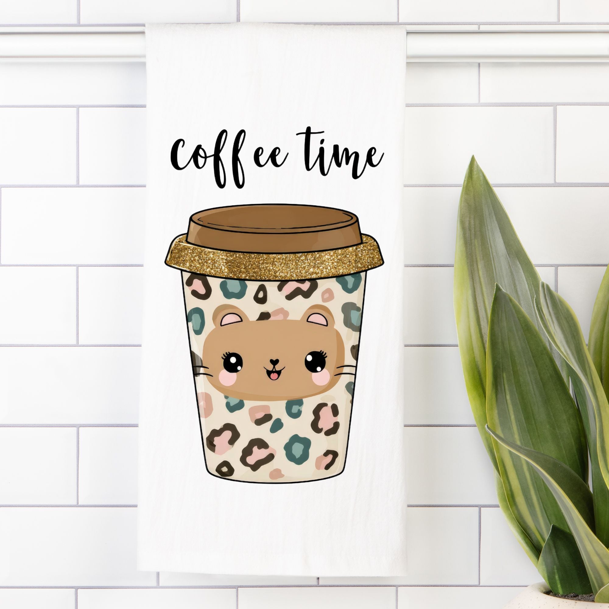 Illustration of a coffee cup with a leopard print design and a kawaii cat face on a white tiled background.