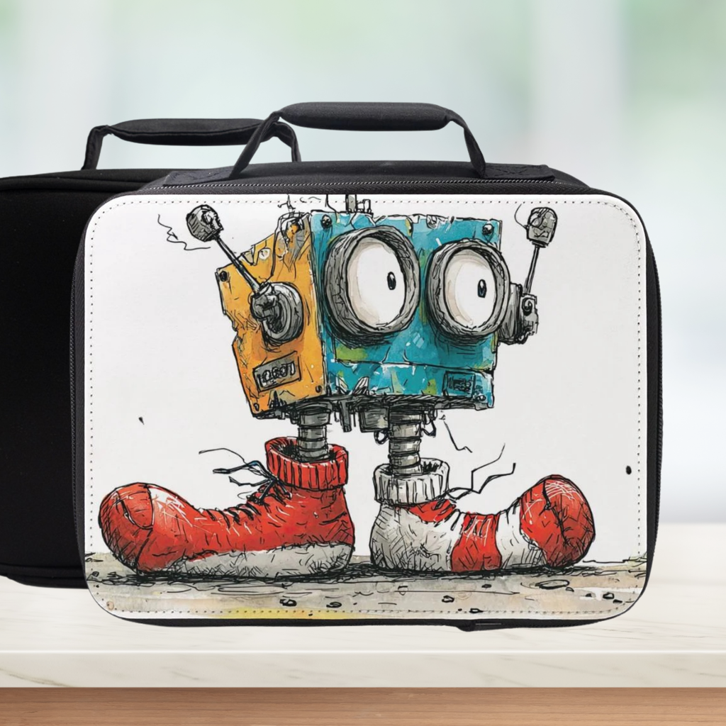  insulated lunch bag with a robot design on a white background