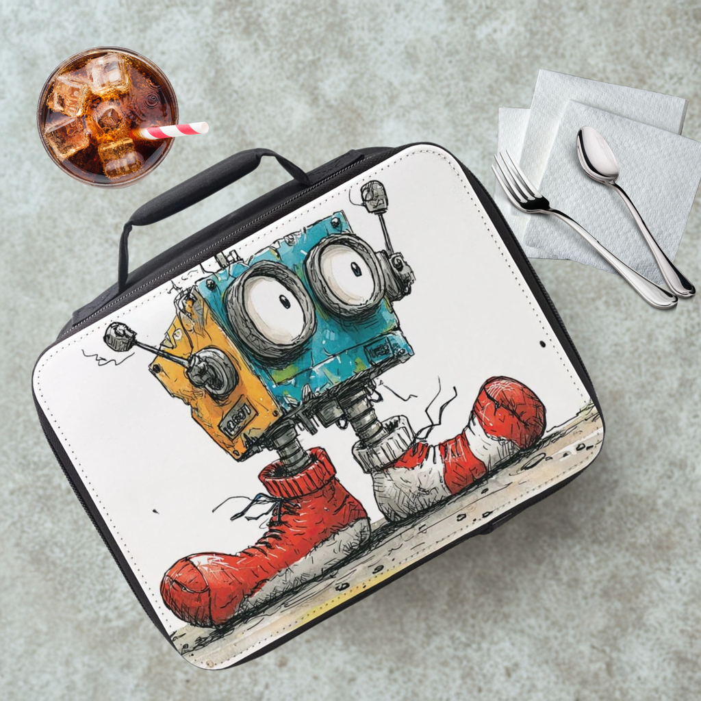 Lunch bag with robot design on a cafeteria table with a drink and utensils.