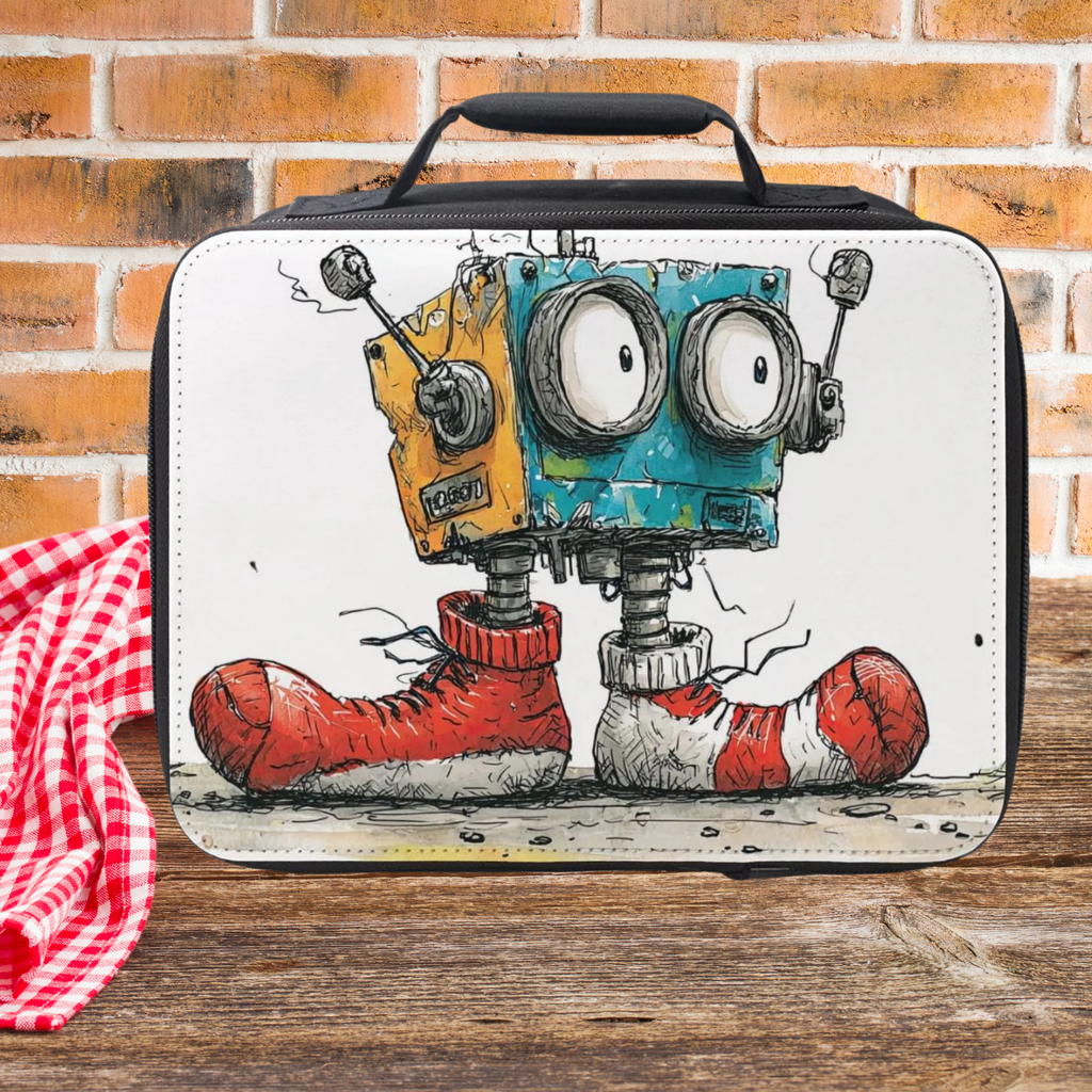 Insulated lunch bag with robot design on a wooden picnic table and brick wall background