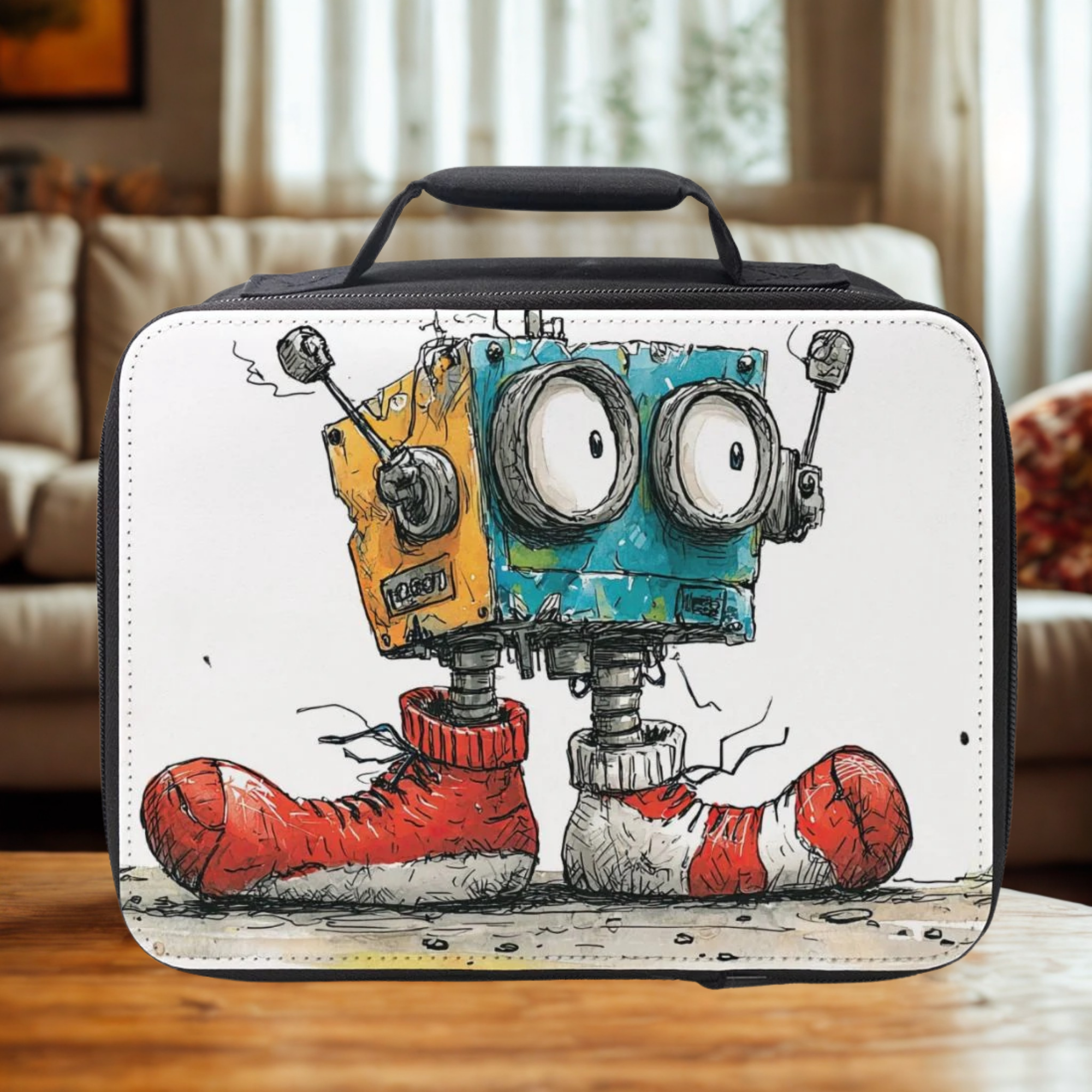  lunch box with a robot design on a wooden living room table.