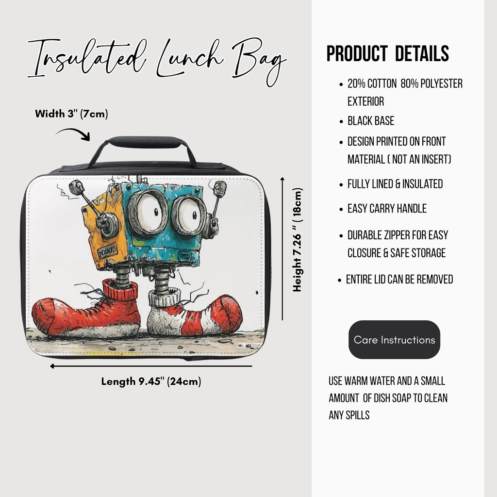 Insulated lunch bag with robot design and product details on a white background