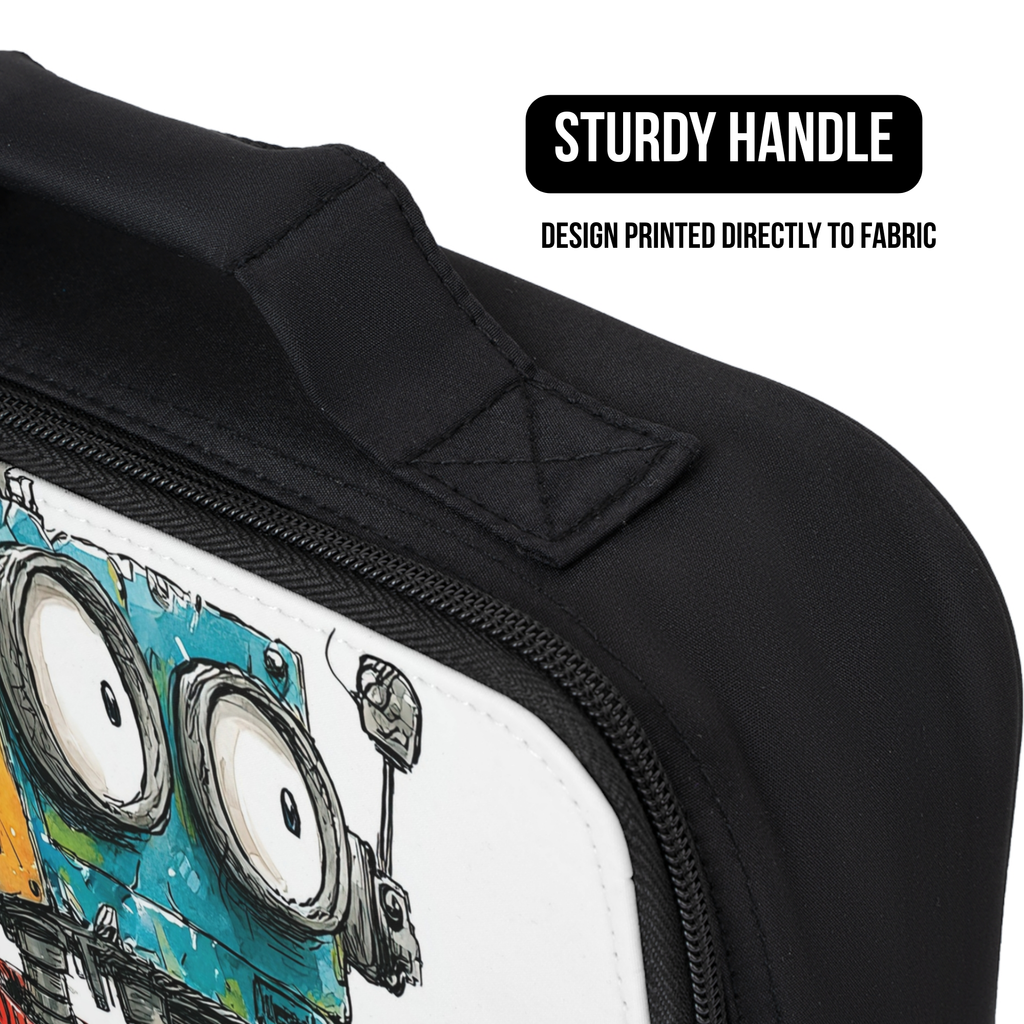 Black bag with a robot design and sturdy handle feature on a white background