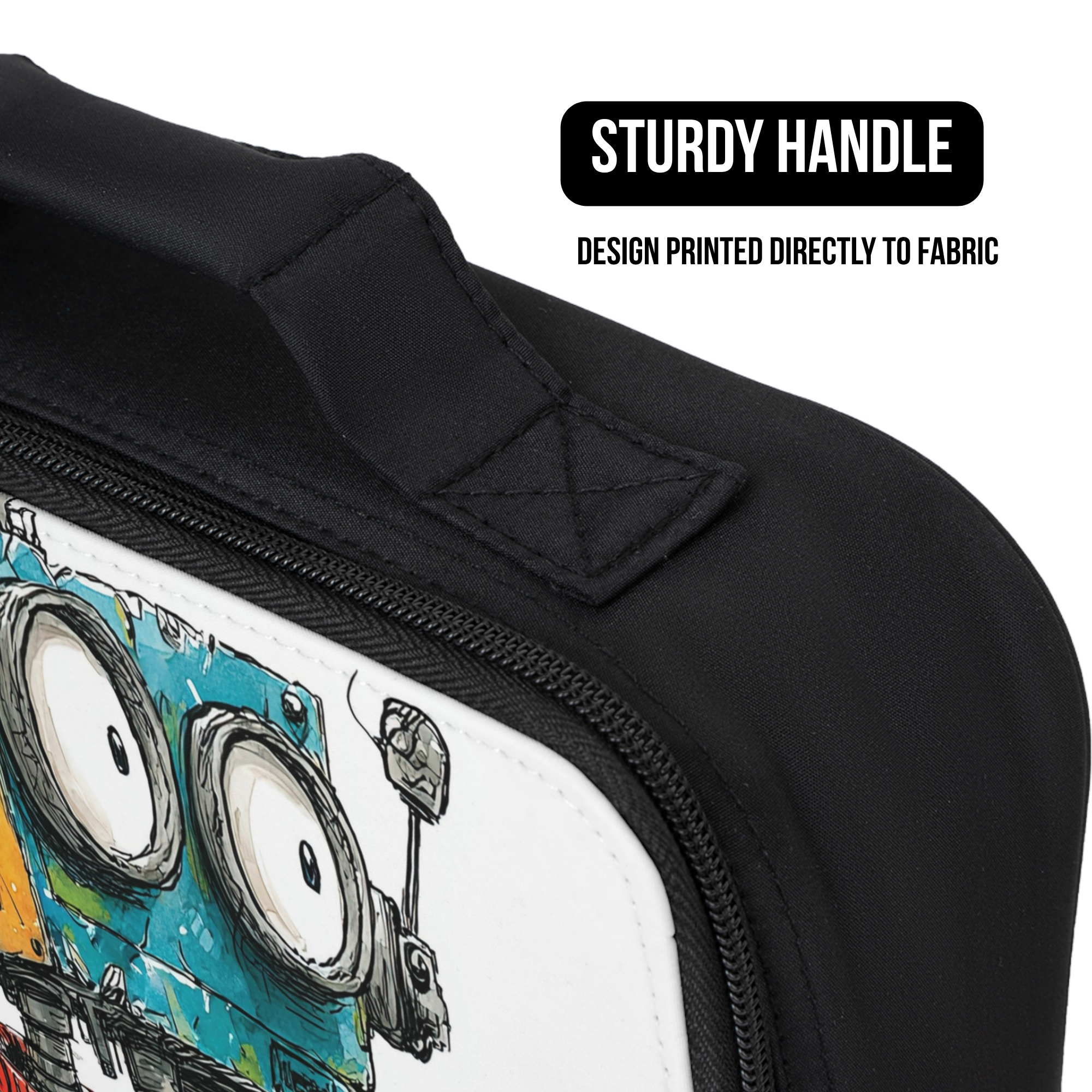 Black bag with a robot design and sturdy handle feature on a white background