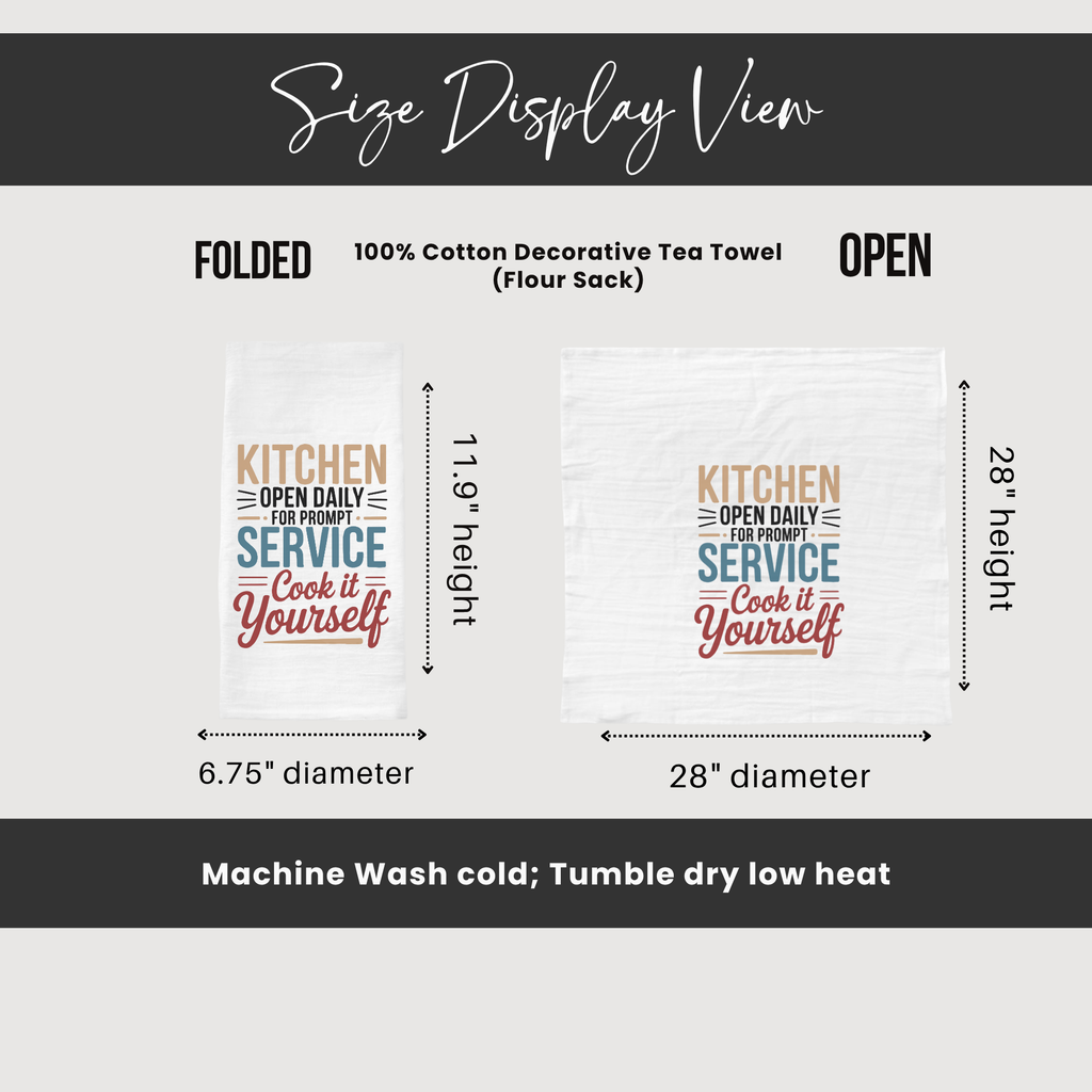 Measurement chart for a decorative tea towel with text and dimensions.