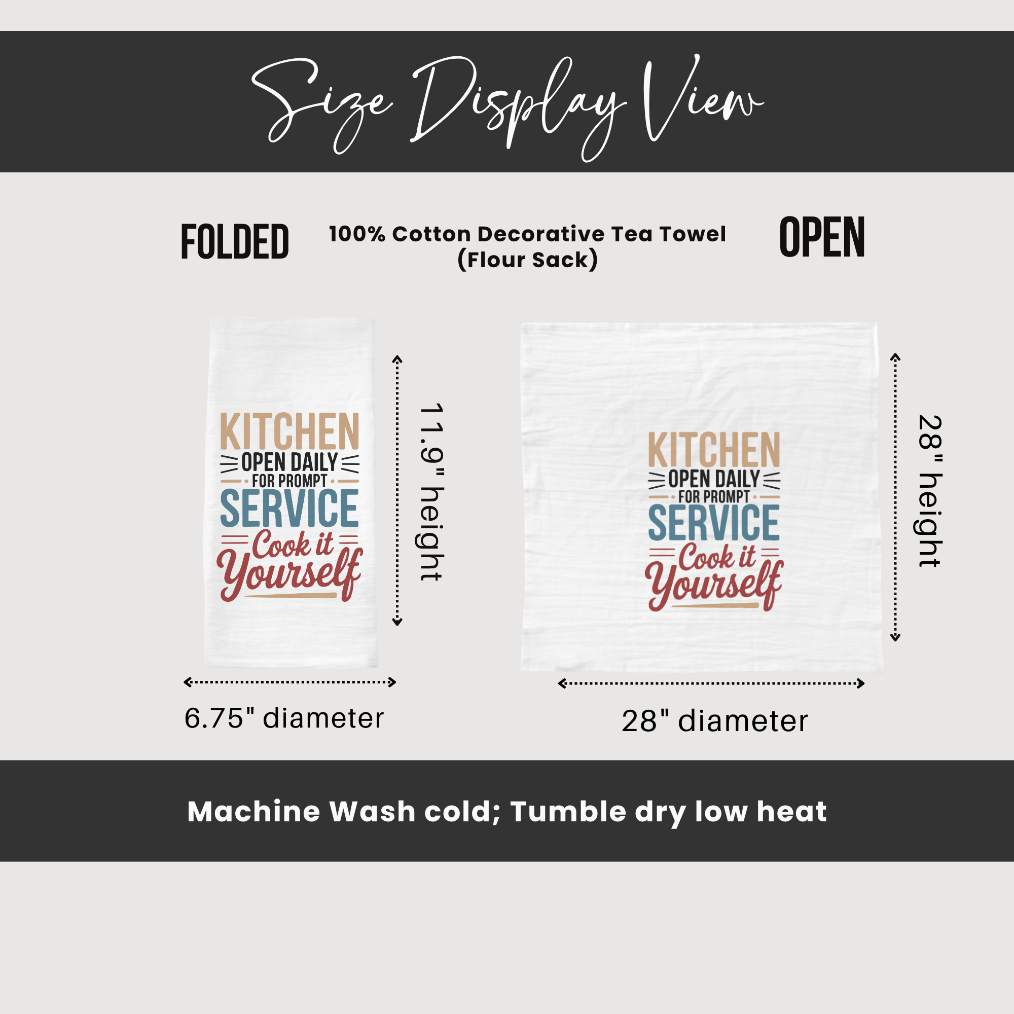 Measurement chart for a decorative tea towel with text and dimensions.