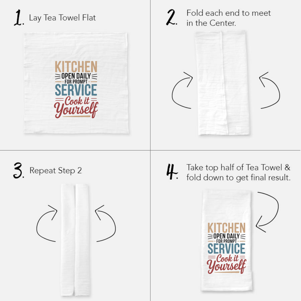 Instructions for folding a tea towel with text design on a white background