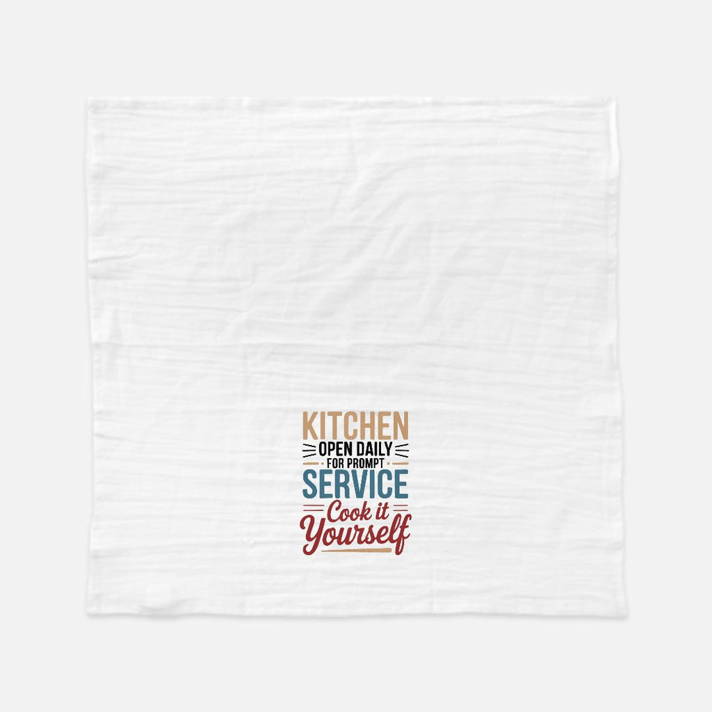 White tea towel with colorful text design on a white background