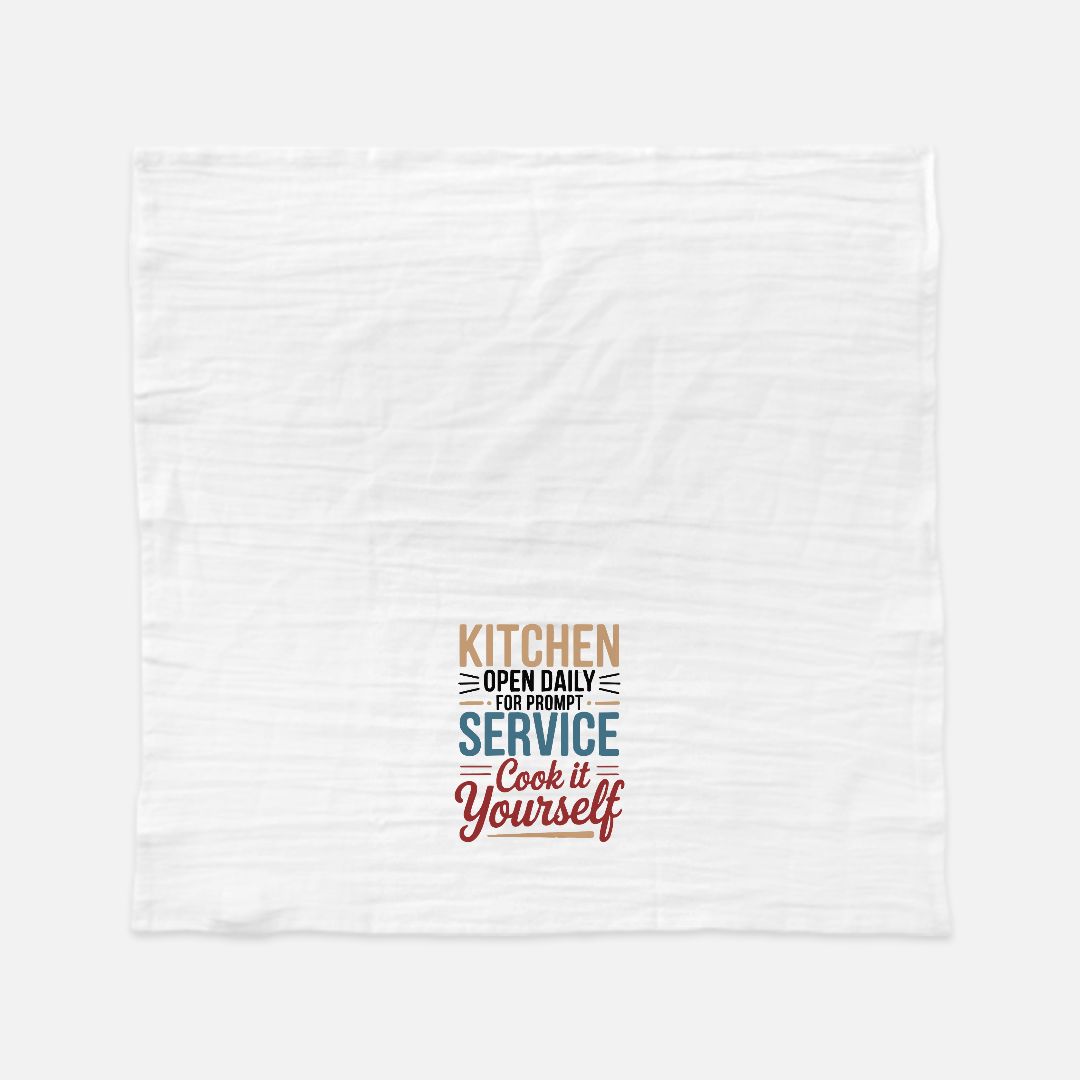 White tea towel with colorful text design on a white background