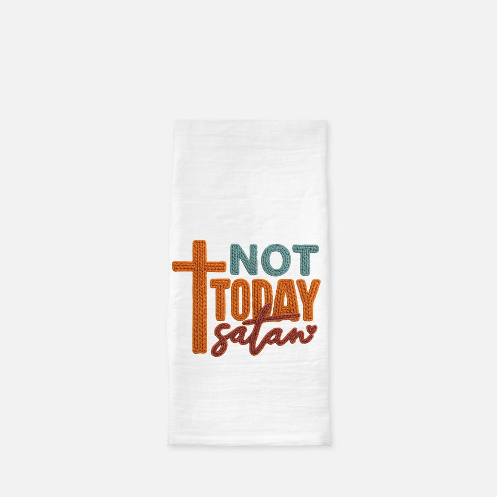 White towel with 'Not Today Satan' text and cross design on a white background