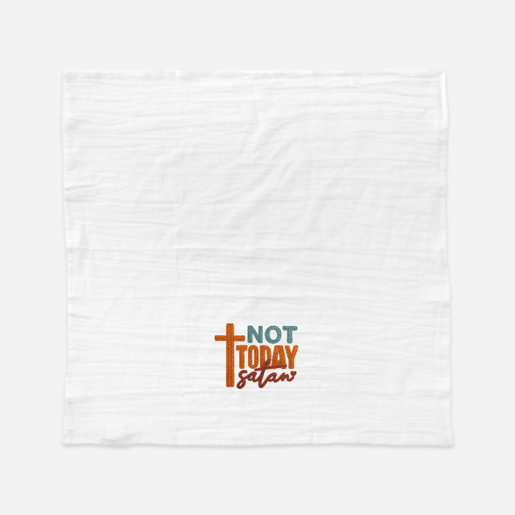Tea towel with text 'Not Today Satan' with a cross on a white background