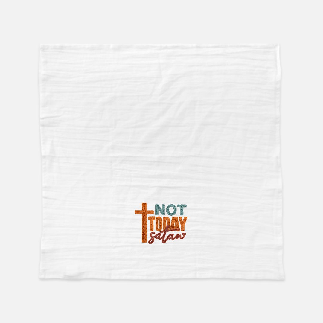 Tea towel with text 'Not Today Satan' with a cross on a white background