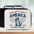 Black Lunch bag with 'United States of America America 1776-2026 250 Years of Freedom' design on a blurred background