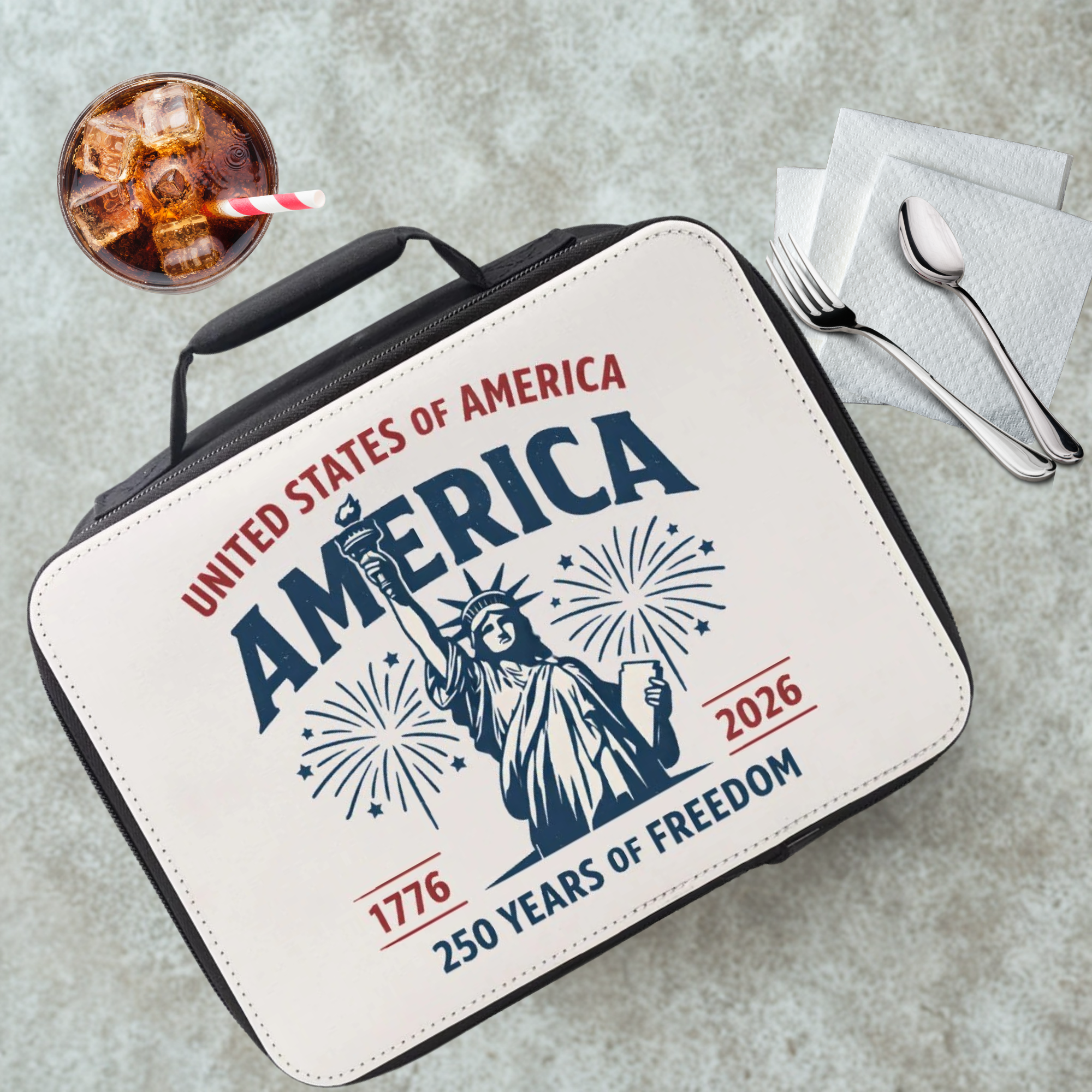 Lunch bag with 'United States of America' design on a cafeteria table with a drink and utensils.