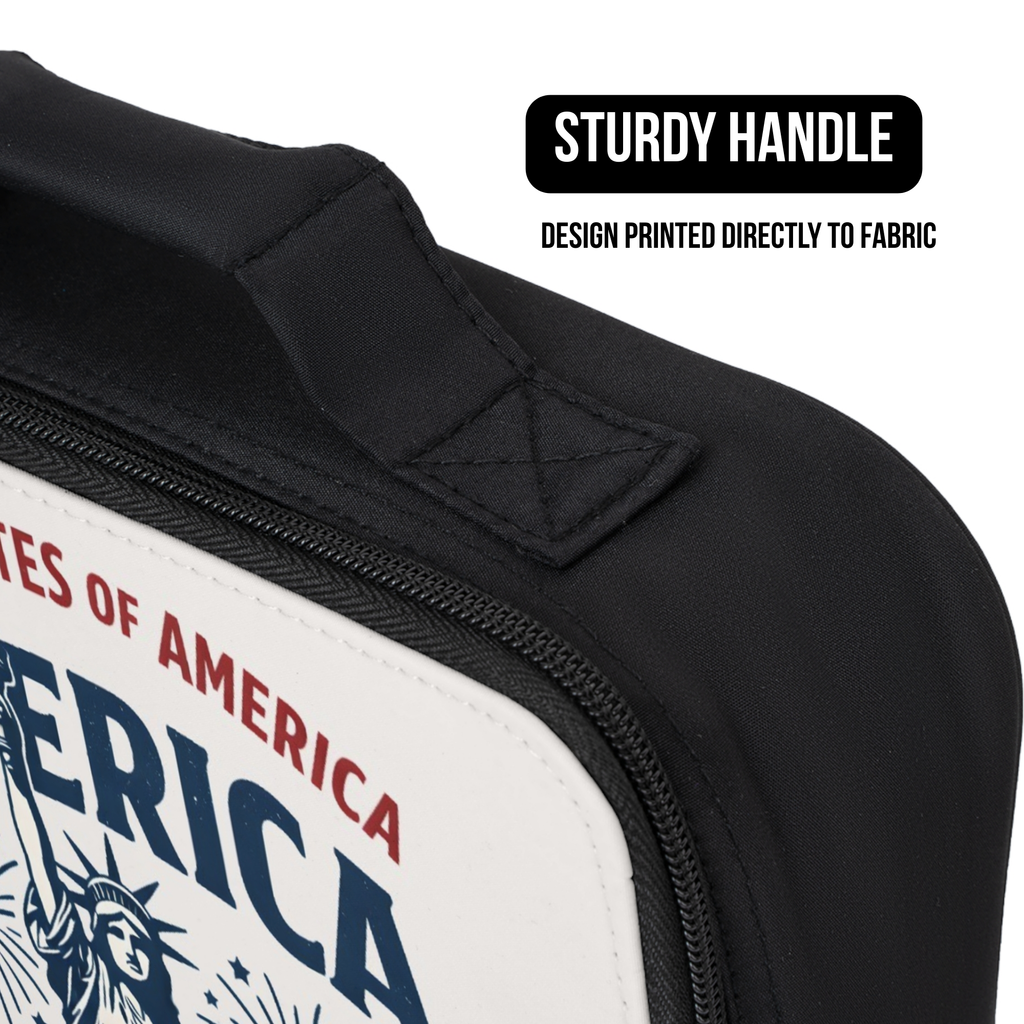 Black bag with 'United States of America' design and sturdy handle feature.