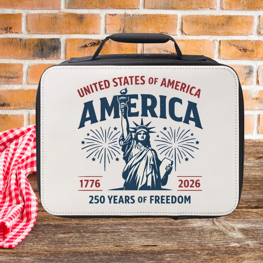 Insulated lunch bag with 'United States of America America 1776-2026 250 Years of Freedom' text and Statue of Liberty design on wooden picnic table against a brick wall background.