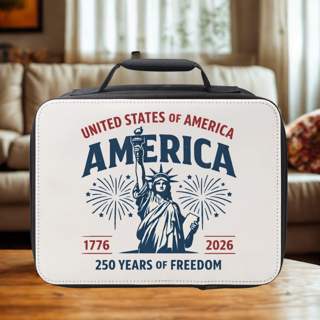 Lunch bag with 'United States of America America 1776-2026 250 Years of Freedom' design on a wooden living room table.