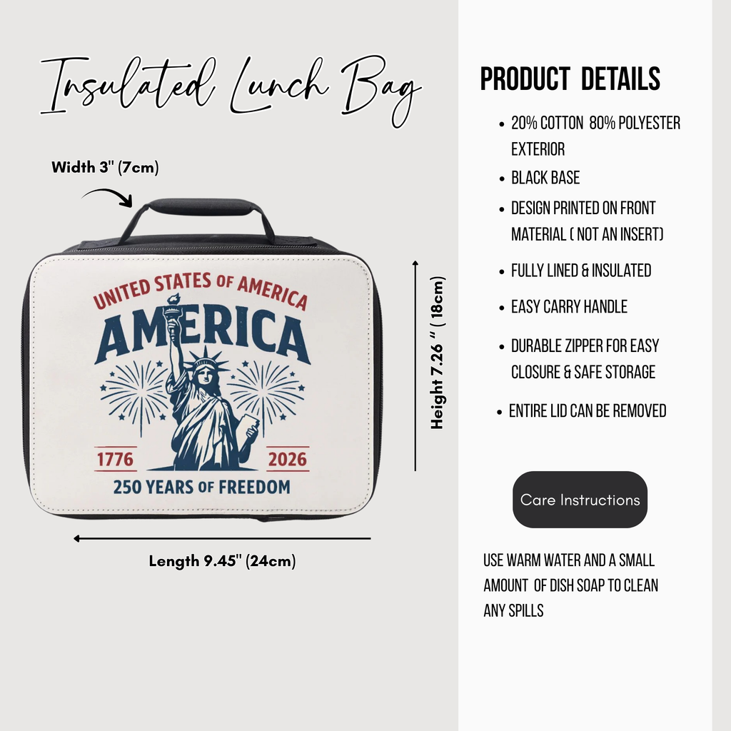 Insulated lunch bag with 'United States of America America 1776-2026' design, featuring dimensions and product details.